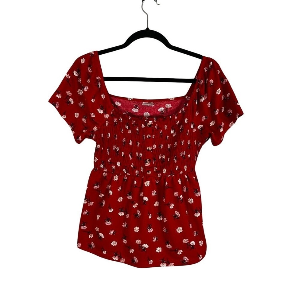 Colorful Floral Smock Top Red M Boho Indie Western Folk Coquette Feminine Summer